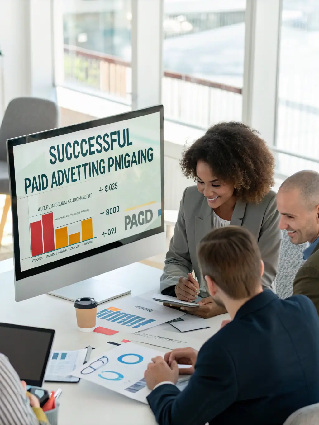 A marketing team is analyzing Meta Ads campaign performance data on a large screen, focusing on key metrics like click-through rates and conversion costs.