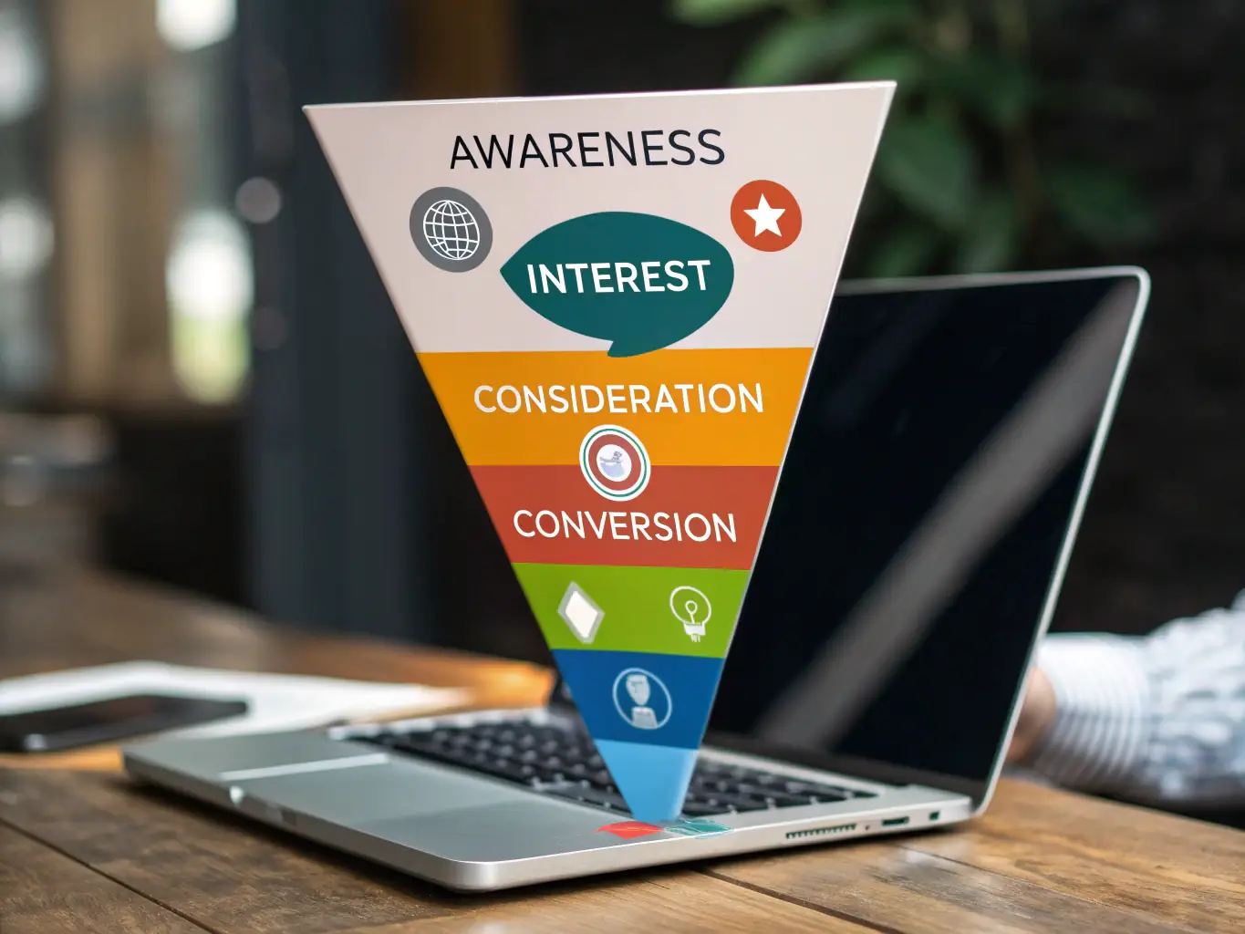 An illustration of a sales funnel with stages from awareness to purchase, highlighting conversion points, used to represent Funnel Estratega's Sales Funnel Design service.