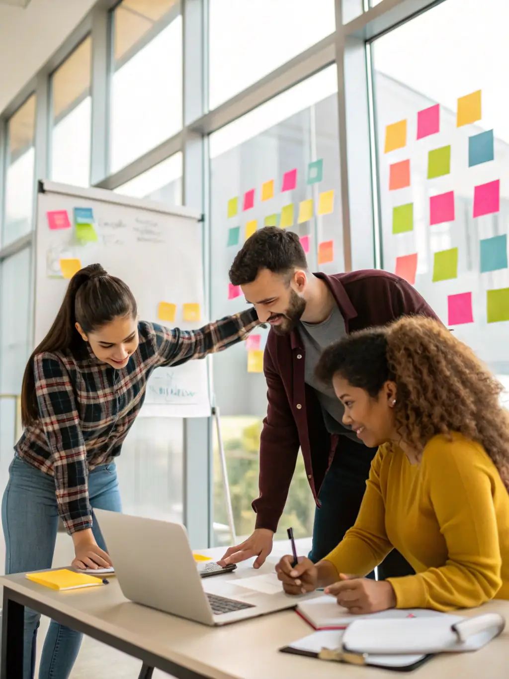 A close-up shot of a team brainstorming session, with sticky notes and charts visible, symbolizing collaborative strategy development at Funnel Estratega.