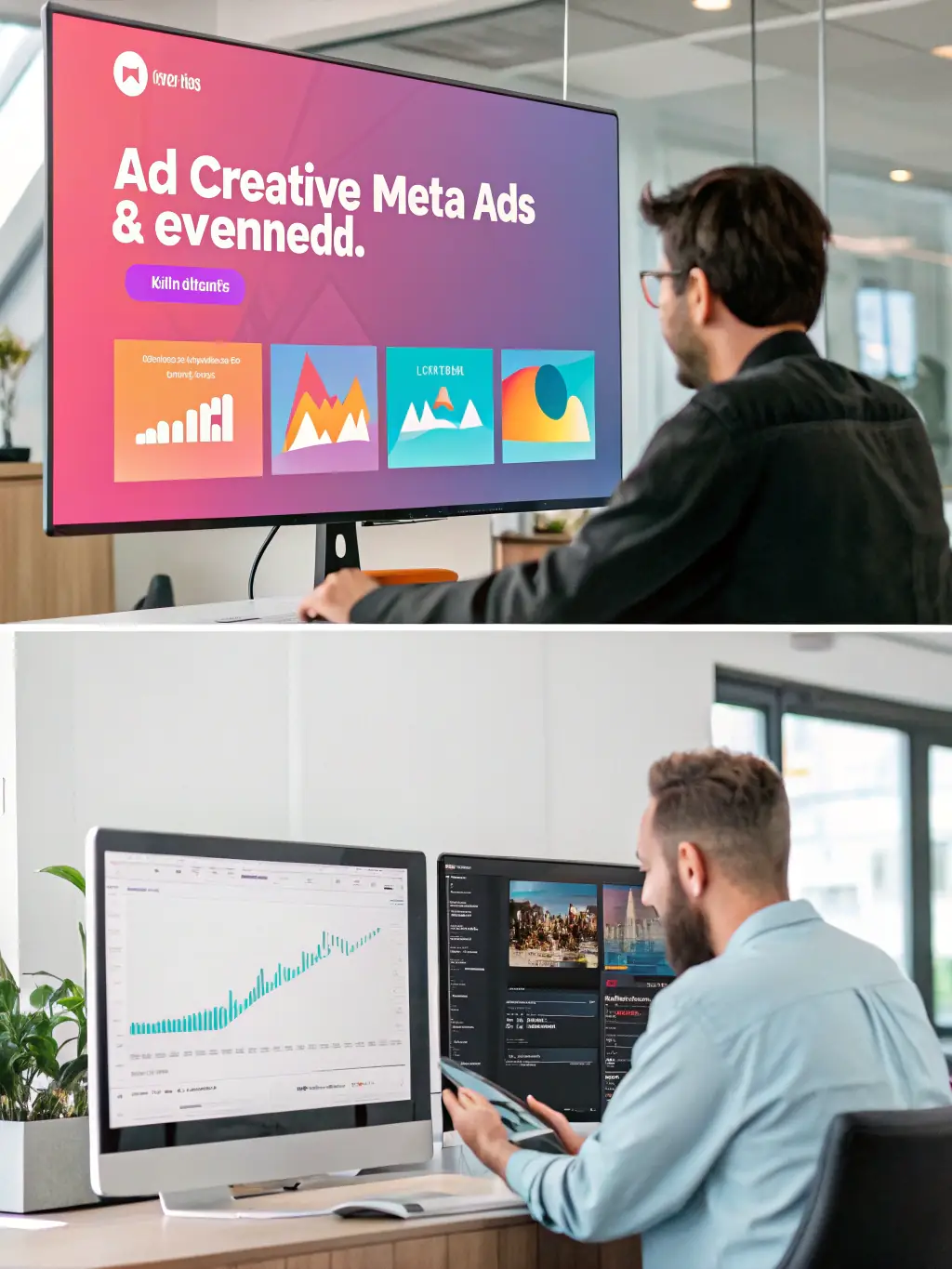 A split-screen image showing a Facebook ad on one side and a Google Ads interface on the other, representing Funnel Estratega's proficiency in cross-platform advertising.