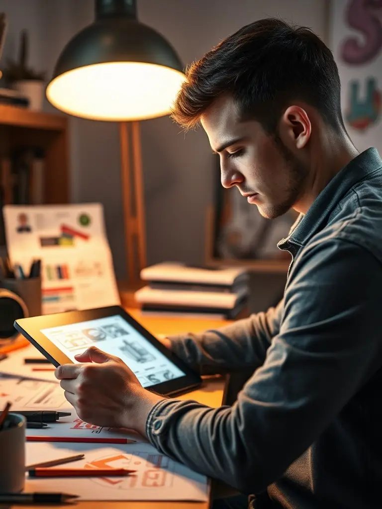 A professional graphic designer is creating a sales funnel diagram on a digital tablet, showcasing the stages from awareness to conversion for a client's e-commerce business.
