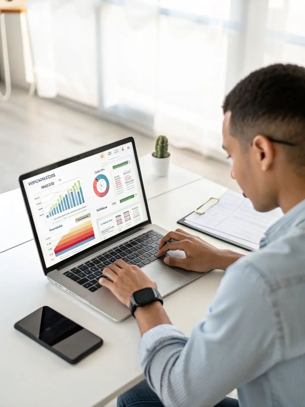 A specialist is adjusting Google Ads settings on a laptop, optimizing keywords and bidding strategies to improve ad ranking and drive relevant traffic.